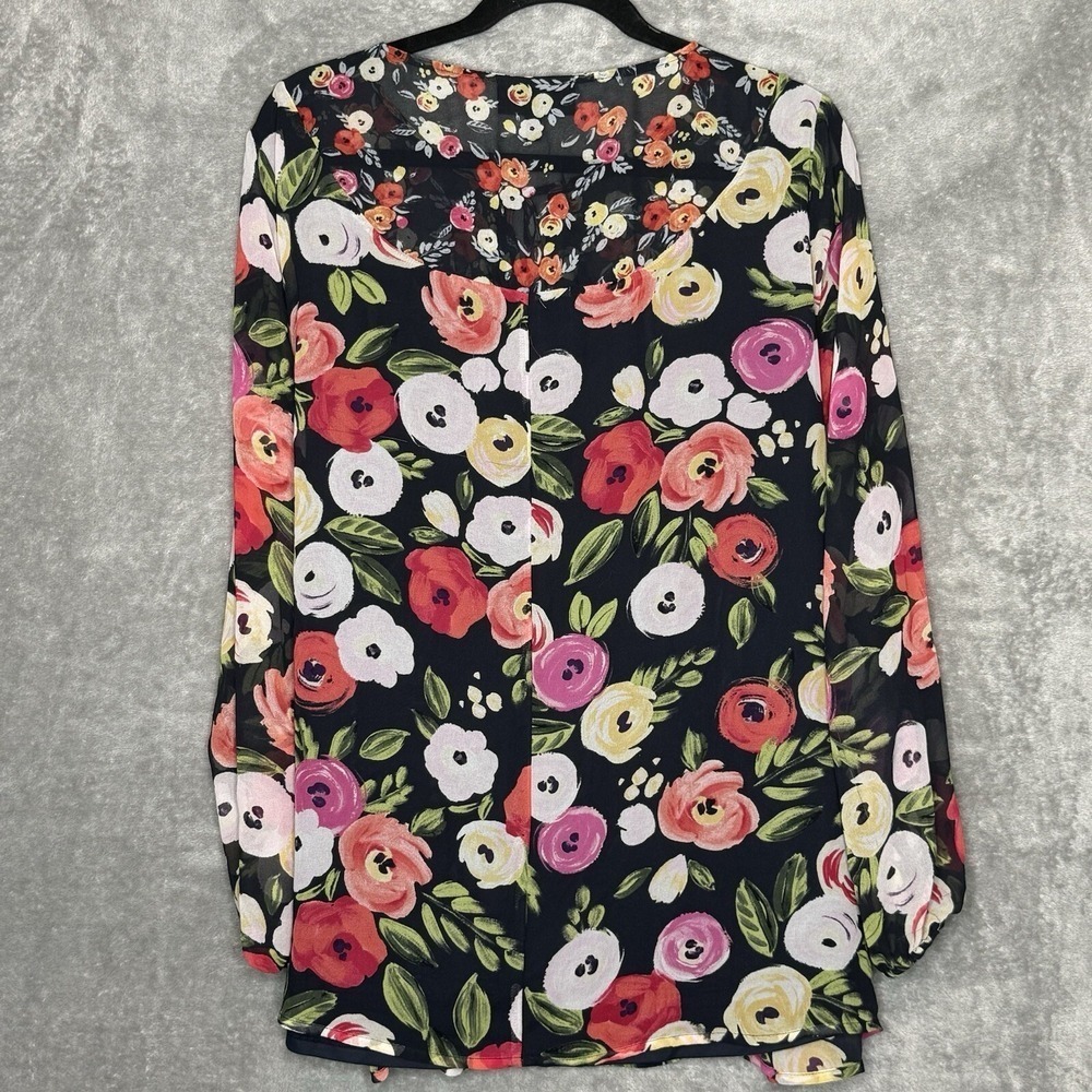 Lane Bryant 18 1X Shirt Top Navy Blue Floral Long Sleeve Keyhole Scoop Neck - Picture 5 of 8